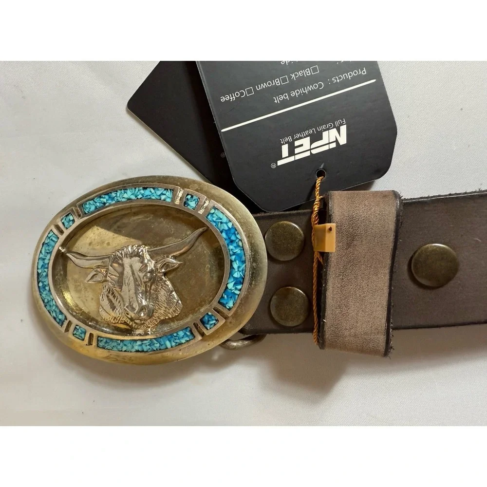 Senmi Leather Belt Bull Head Buckle Turquoise Western Cowboy Size 32-34 NEW